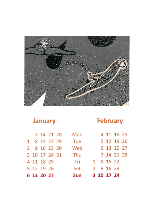 2013 - Year of Coitus (1st Page), 2012, 29,7 x 21 cm, linocut, digital print