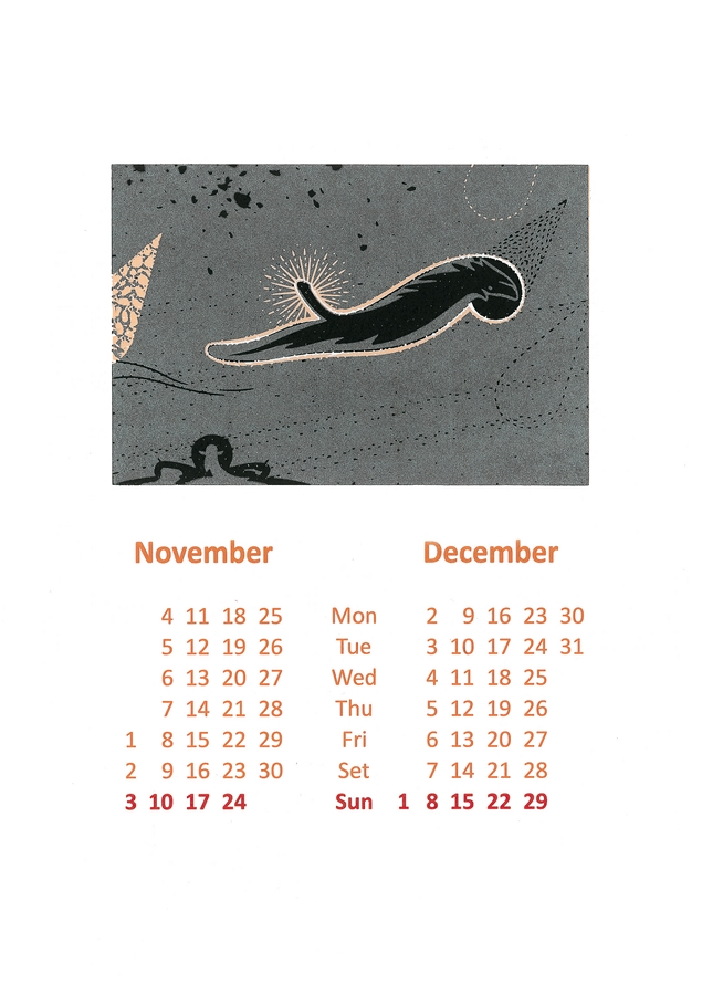 2013 - Year of Coitus (6th Page), 2012, 29,7 x 21 cm, linocut, digital print